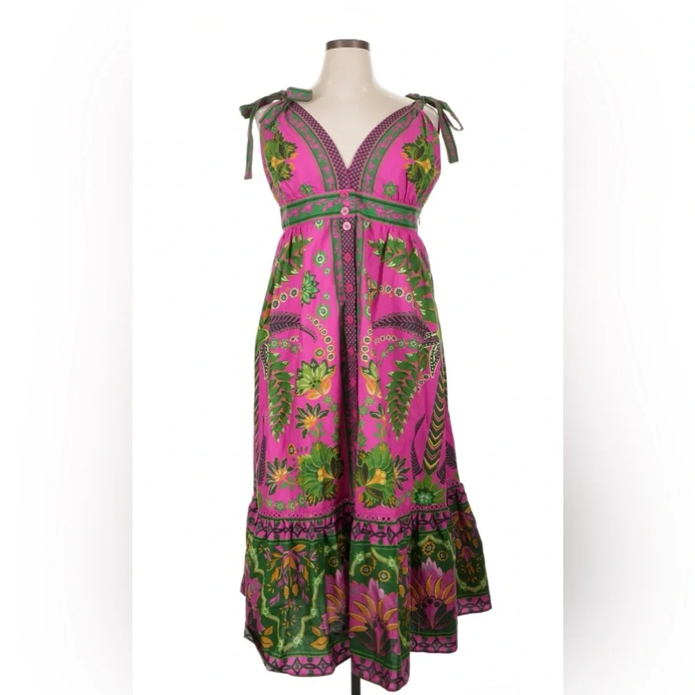 🌺 Farm Rio Ana Tapestry Sleeveless Dress, NWT, pink green bold summer midi dress - Picture 2 of 12